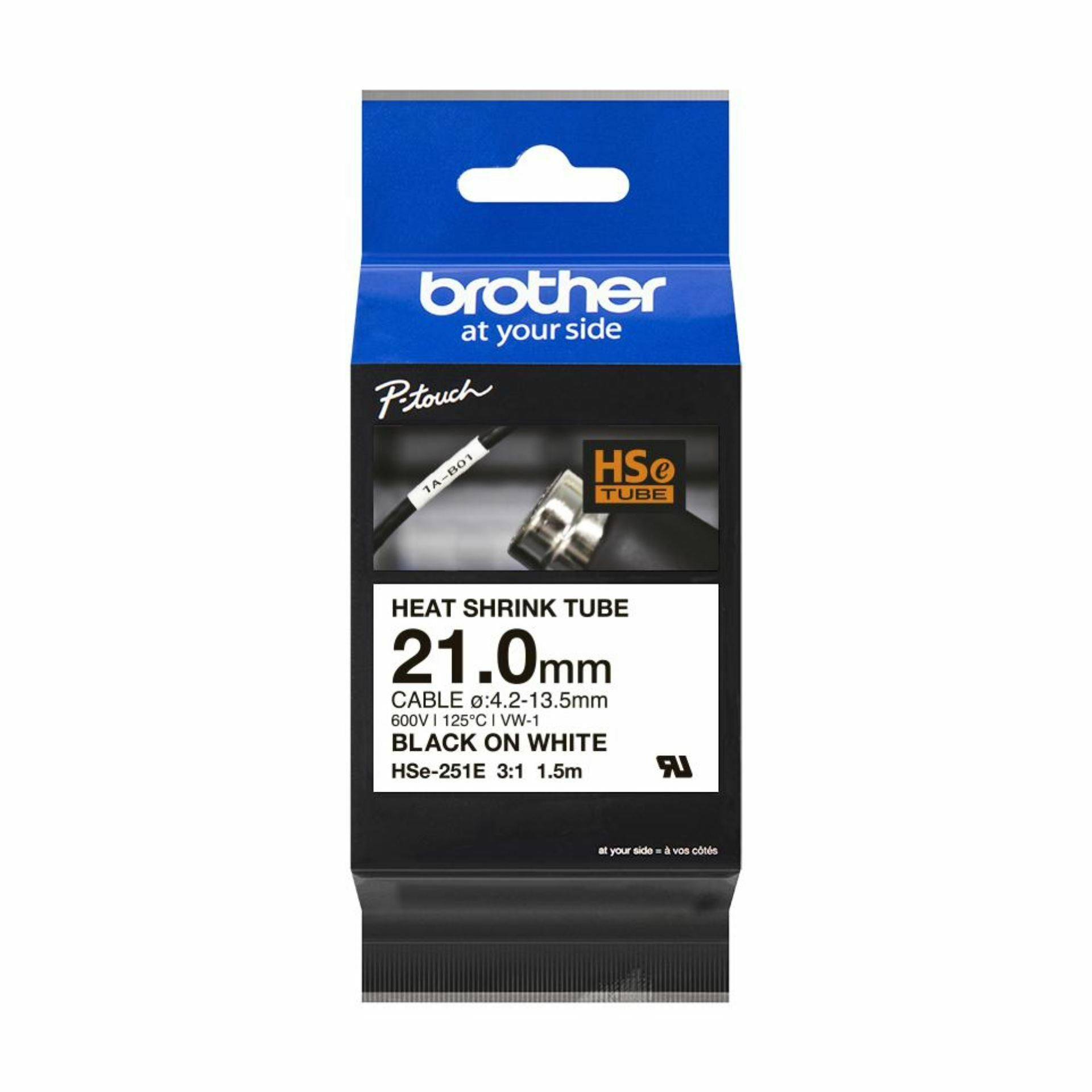 BROTHER trak HSE251E bel/črn 21mm termo skrčljiv