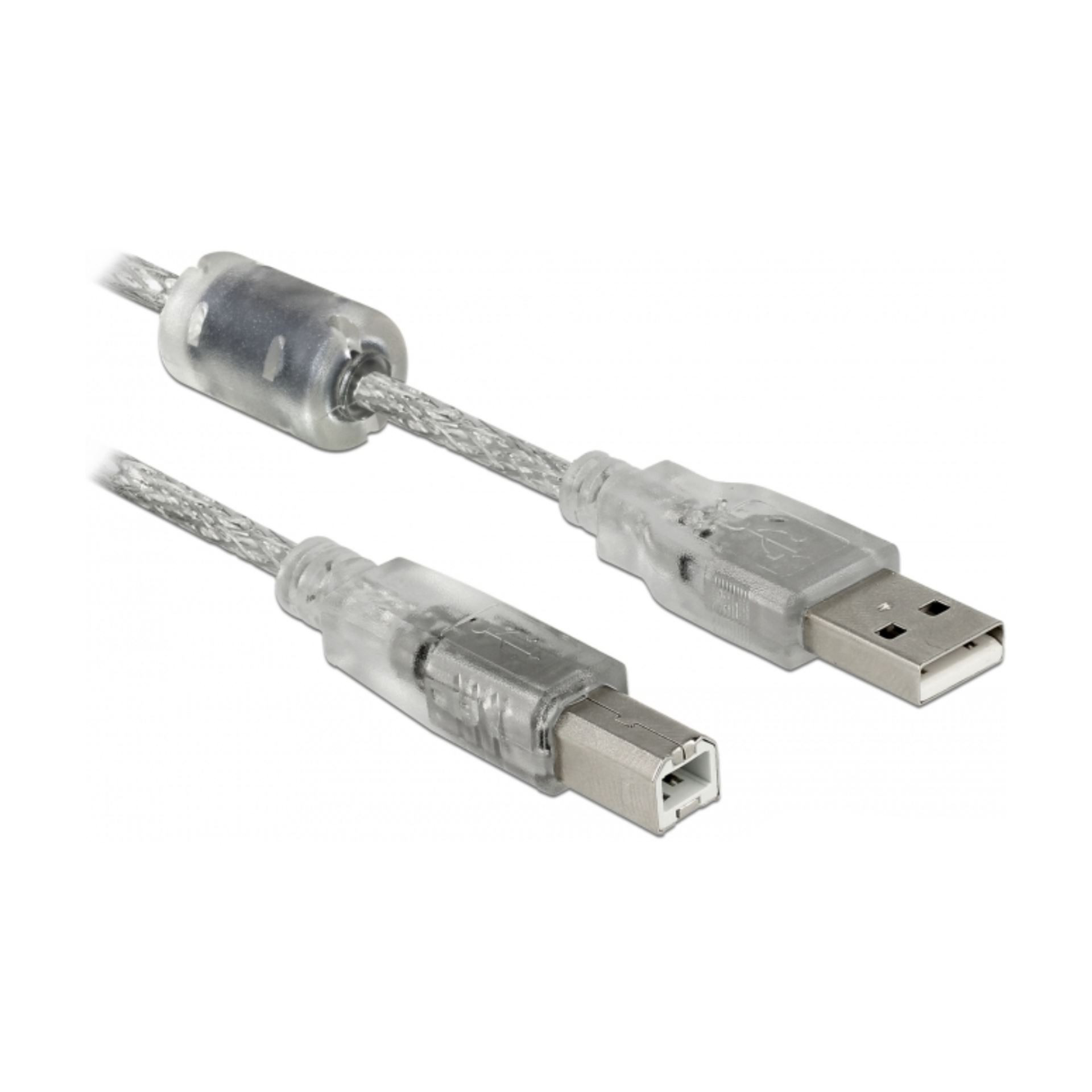 Delock kabel USB A-B 5m dvojno oklopljen transparent s feritom 83896