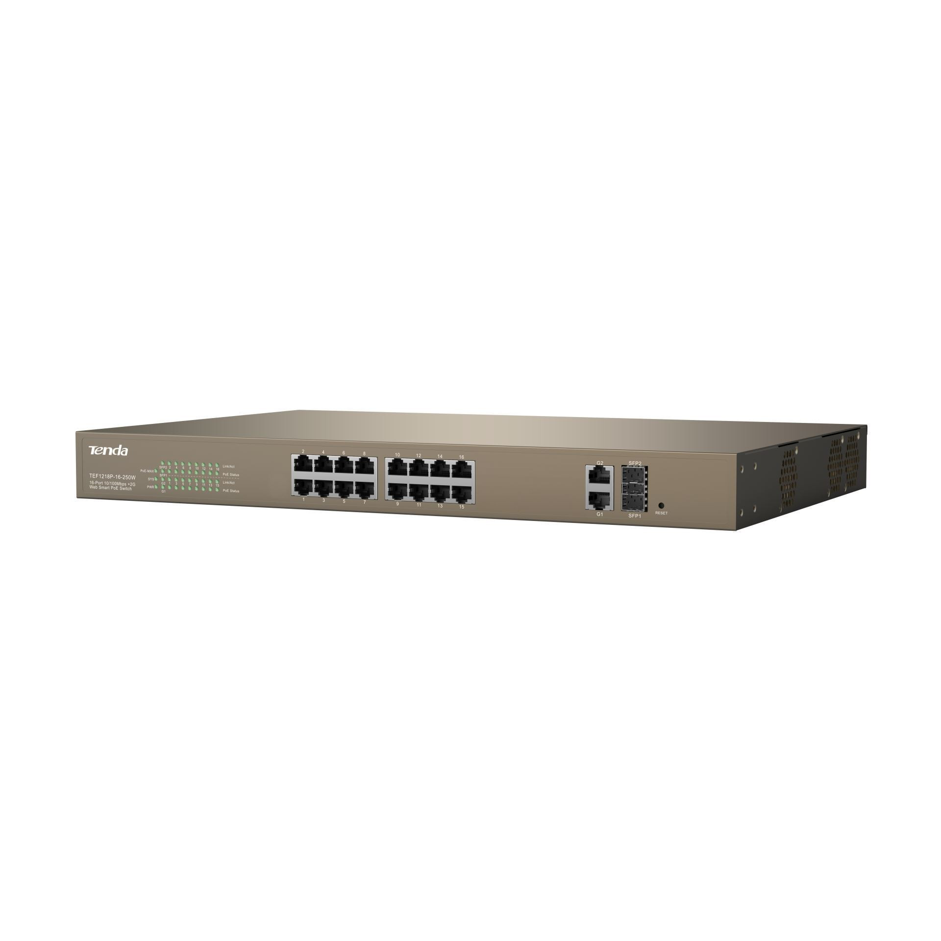 Tenda stikalo 100M 18-port 16x PoE 1xSFP 2xGiga WebSmart TEF1218P-16-250W-3.0V