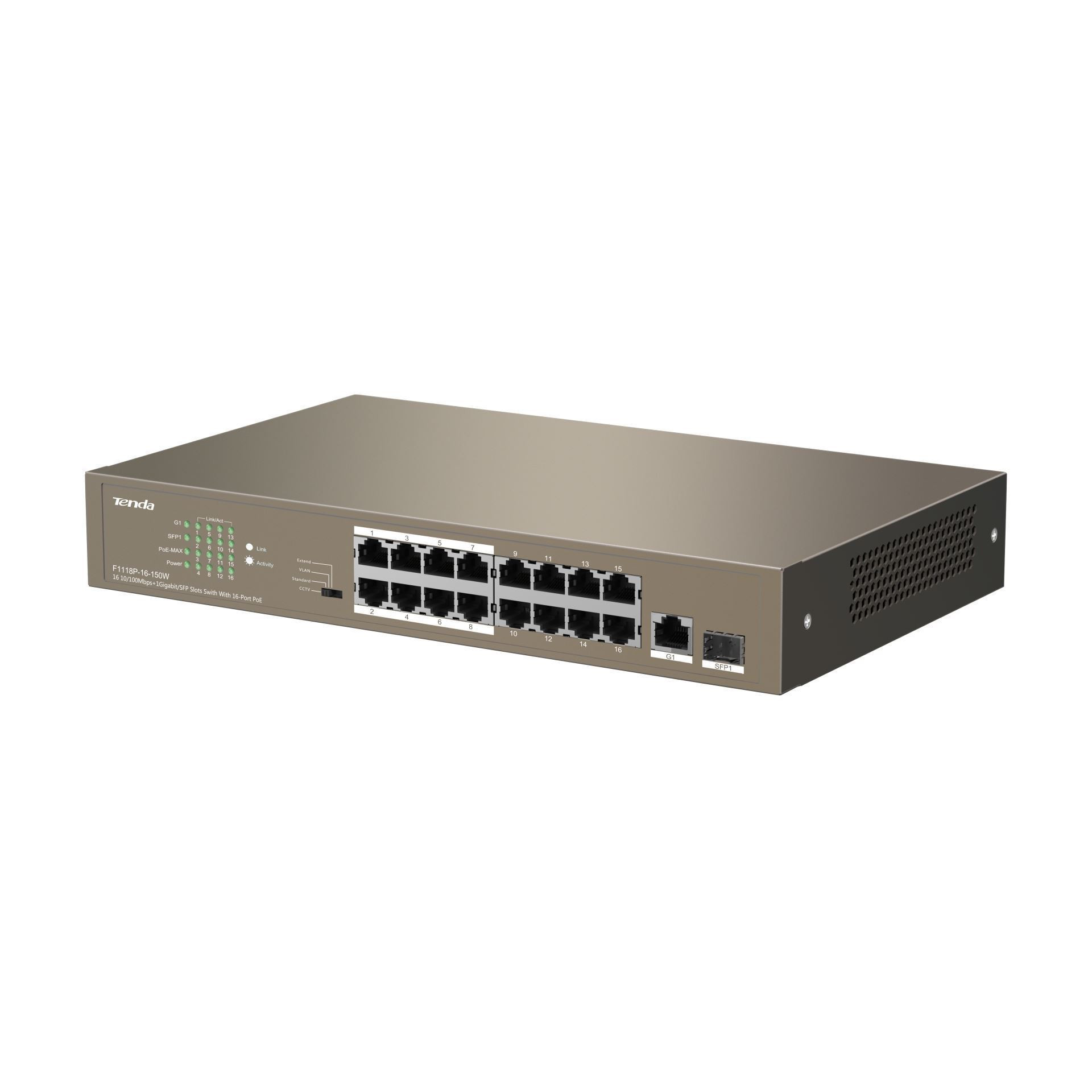 Tenda stikalo 100M 18-port 16x PoE 1xSFP 2xGiga rack / namizni TEF1118P-16-150W
