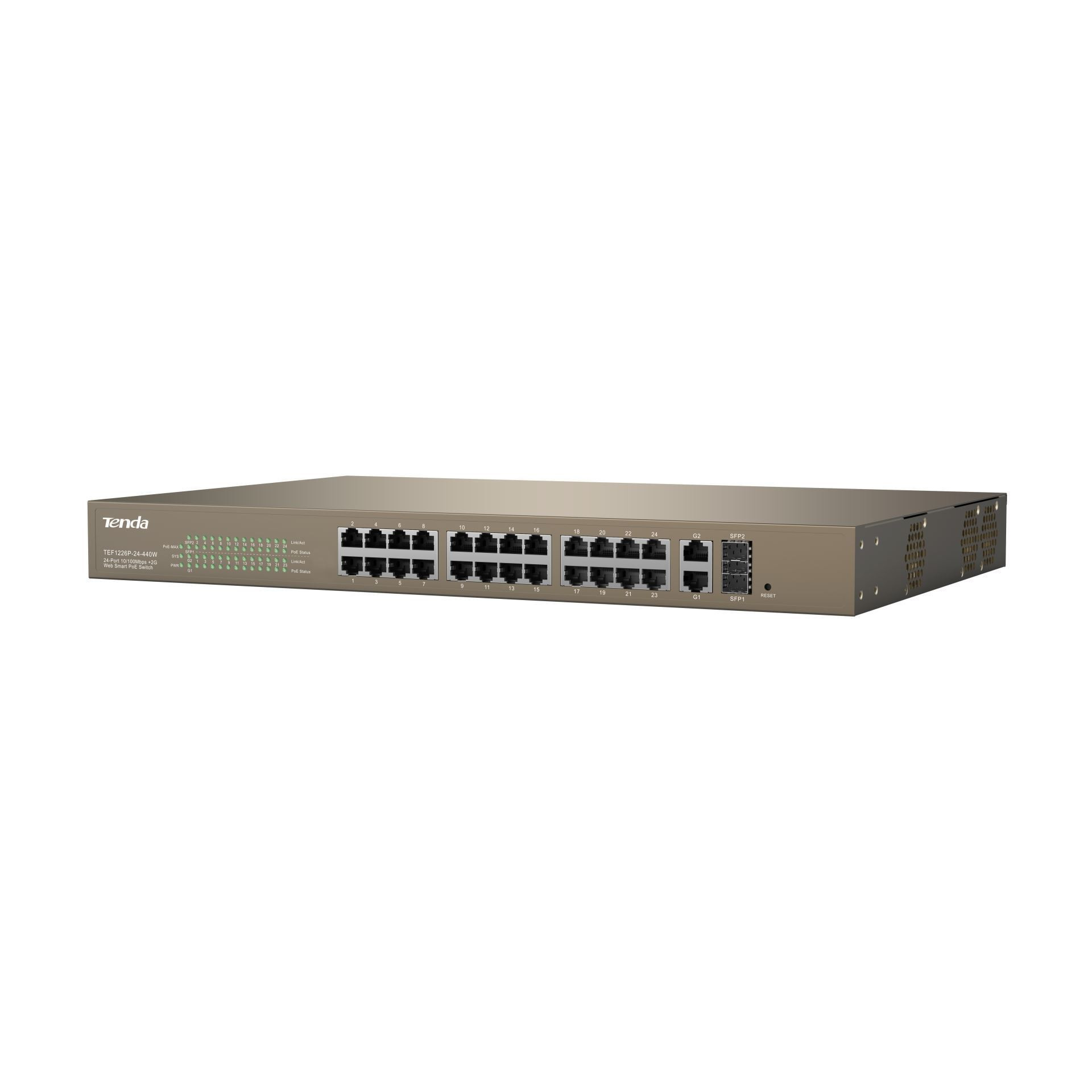 Stikalo 100M 48cm 26xRJ45 24x PoE 2x SFP 2x Giga uplink Tenda Web Smart