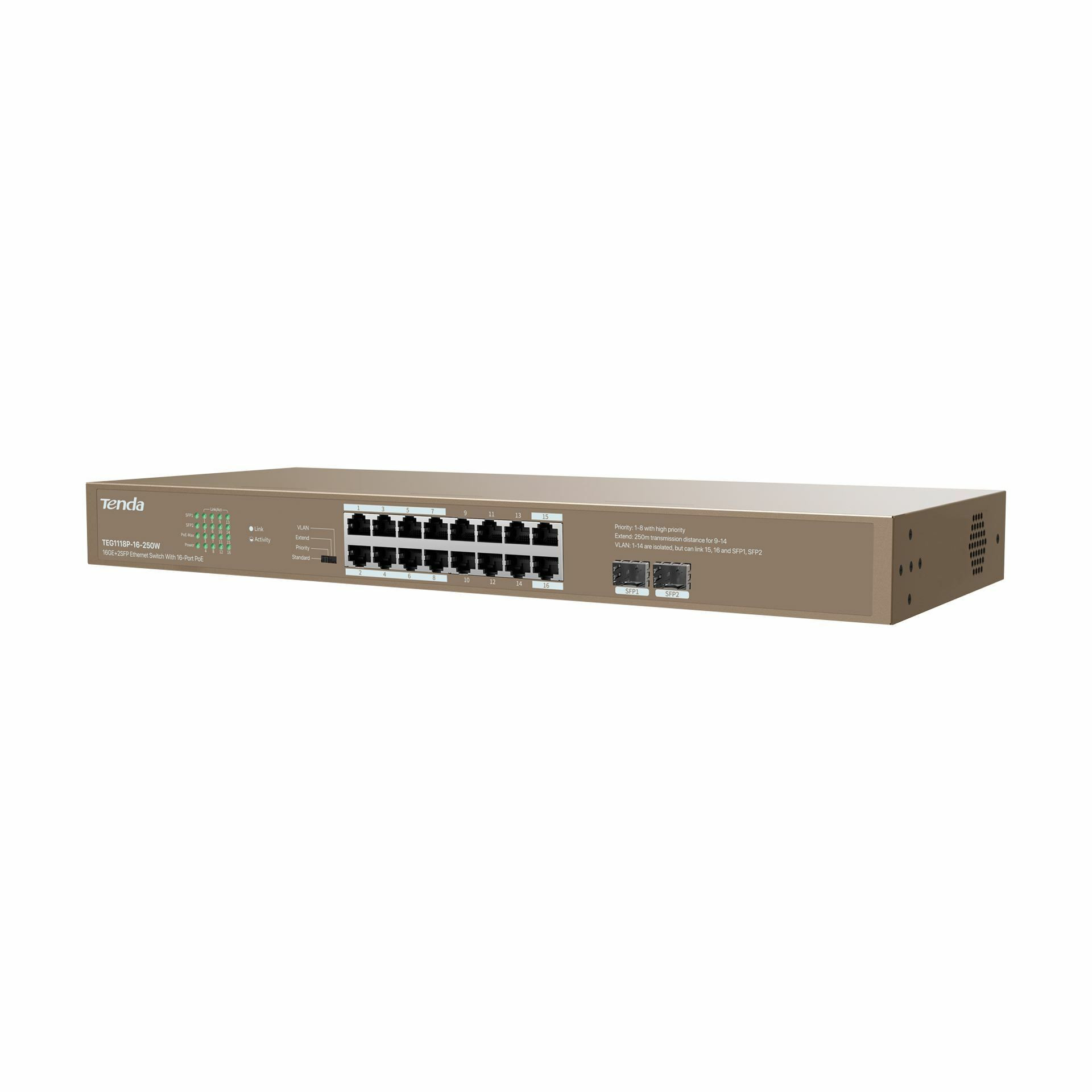 Tenda stikalo Giga 16-port rack 16x PoE 2xSFP TEG1118P-16-250W