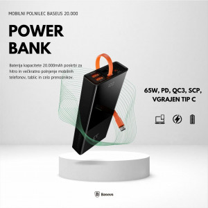 Napajalnik mobilni Baseus Power Bank 20.000, 65W, PD, QC3, SCP, vgrajen Tip C